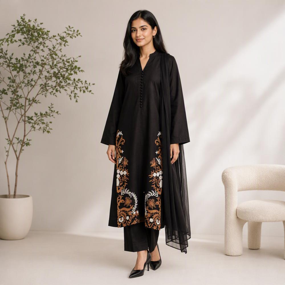 Pakistani Pure Cotton Embroidered 3 Piece Suit with Chiffon Dupatta