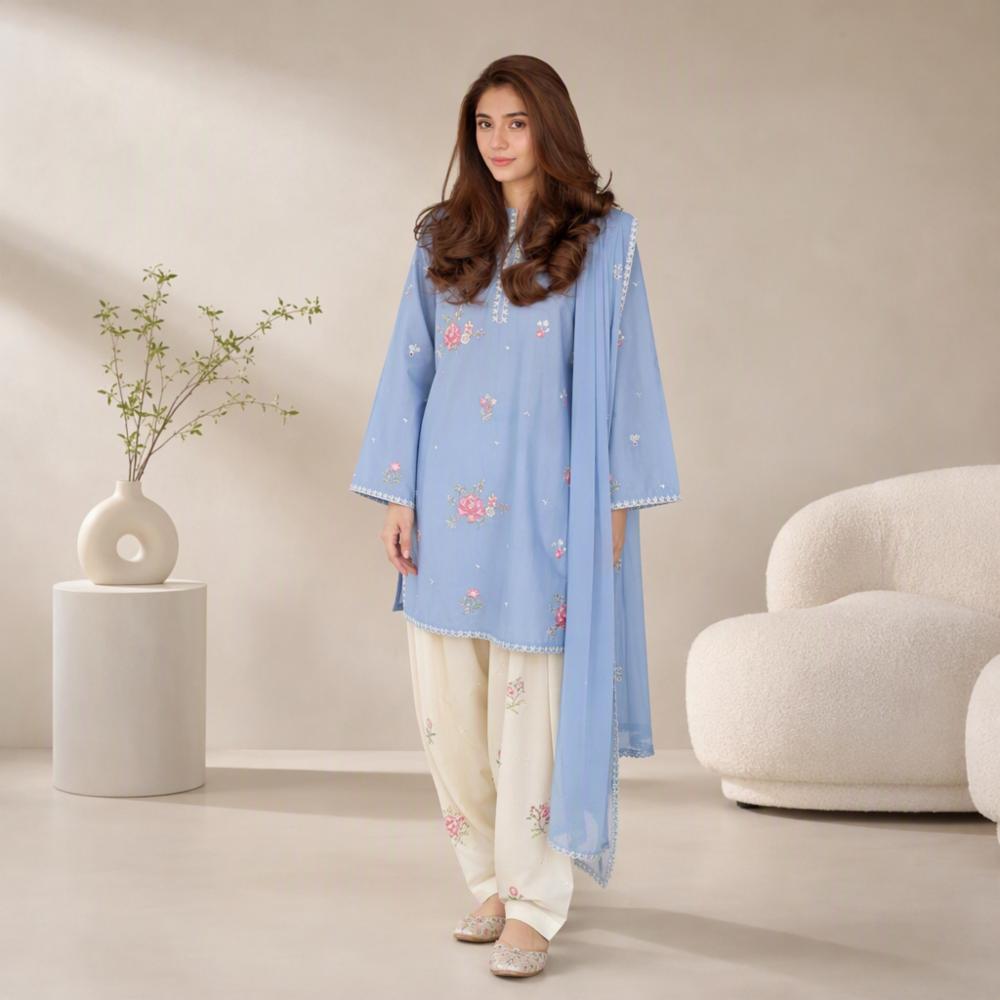 Pakistani Pure Cotton Embroidered 3 Piece Set with Chiffon Lace Dupatta