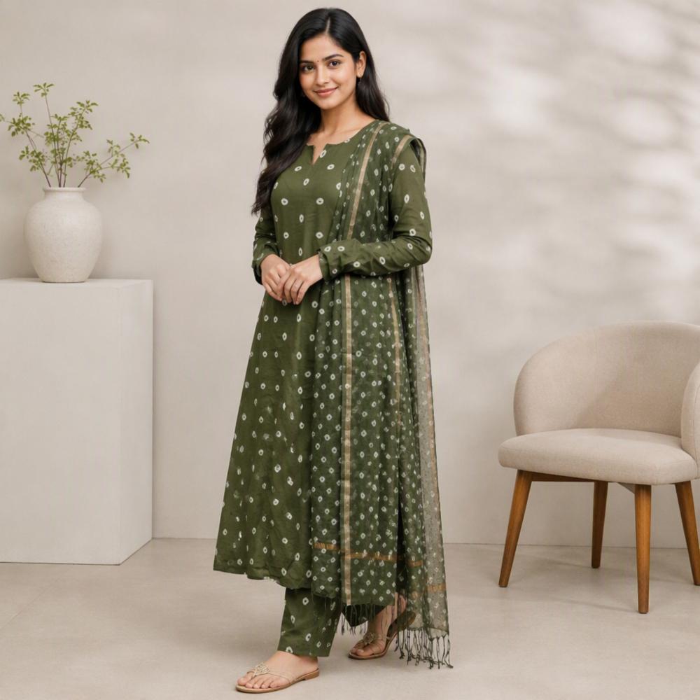 Pure Cotton Kota Doriya Bandhani Handblock Kurti Set with Dupatta & Pants