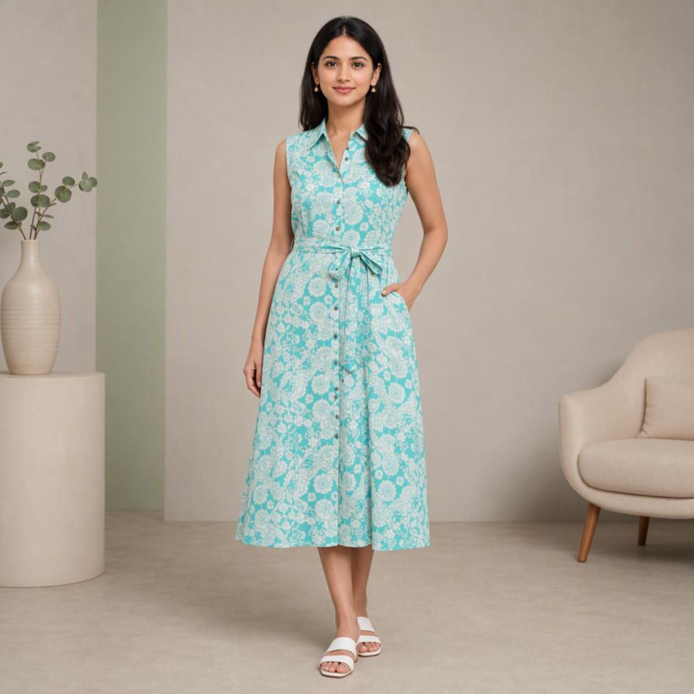 Womenâs Cotton Rayon Floral Printed Sleeveless Midi Dress