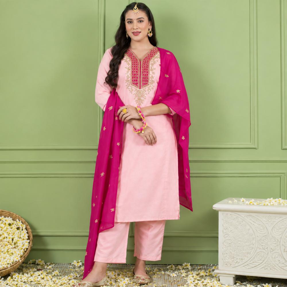 Women's Heavy Simer Gold Silk Kurti, Pant & Dupatta Set with Embroidery Work