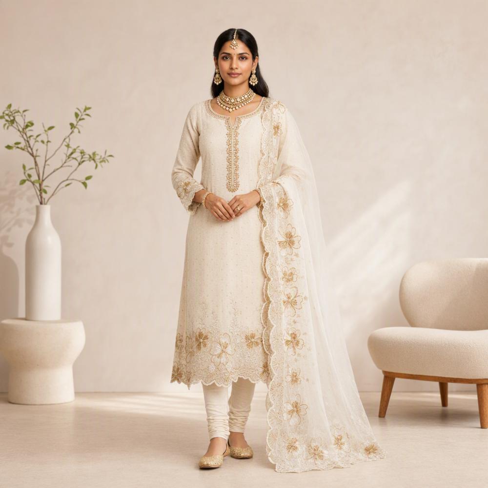 Premium Banarasi Silk Handwork Unstitched Dress Material with Embroidered Organza Dupatta