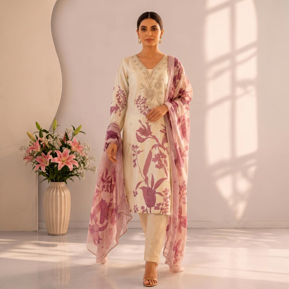 Pearl Handwork Shimmer Silk Printed Kurta Pant Dupatta Set
