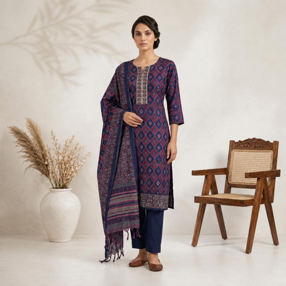 Maheshwari Silk Kurta Pant Dupatta Set with Print