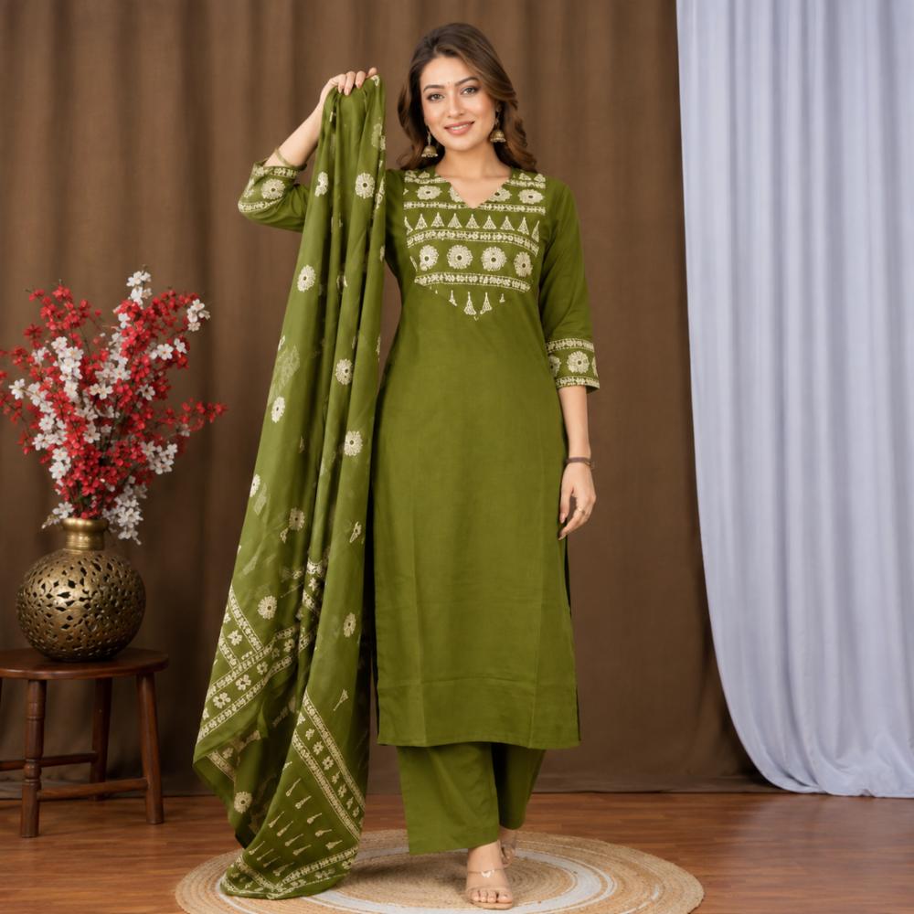 Cotton Handwork Kurti Pant Dupatta Set 