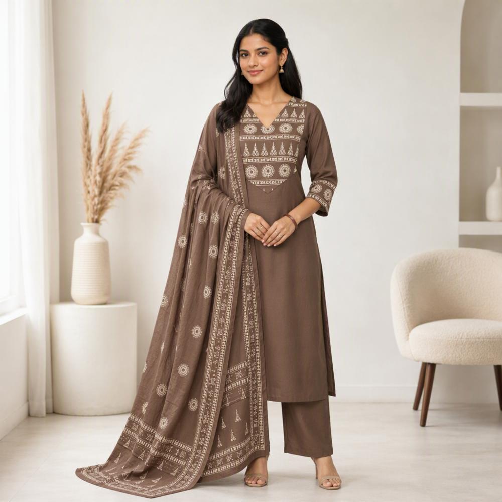 Mud Brown Cotton Handwork Kurti Pant Dupatta Set with Block Print