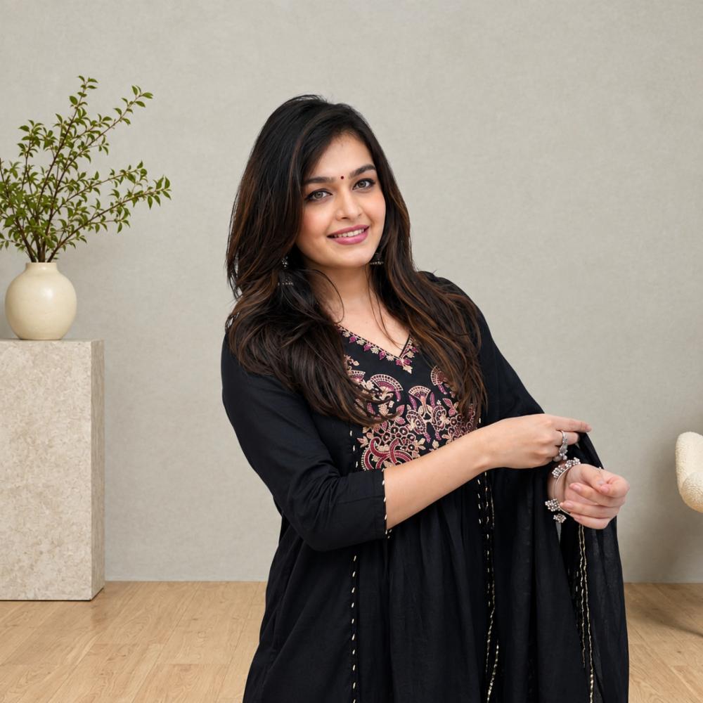 Women's Cotton Embroidered Kurta Set with Pant and Cotton Malmal Dupatta
