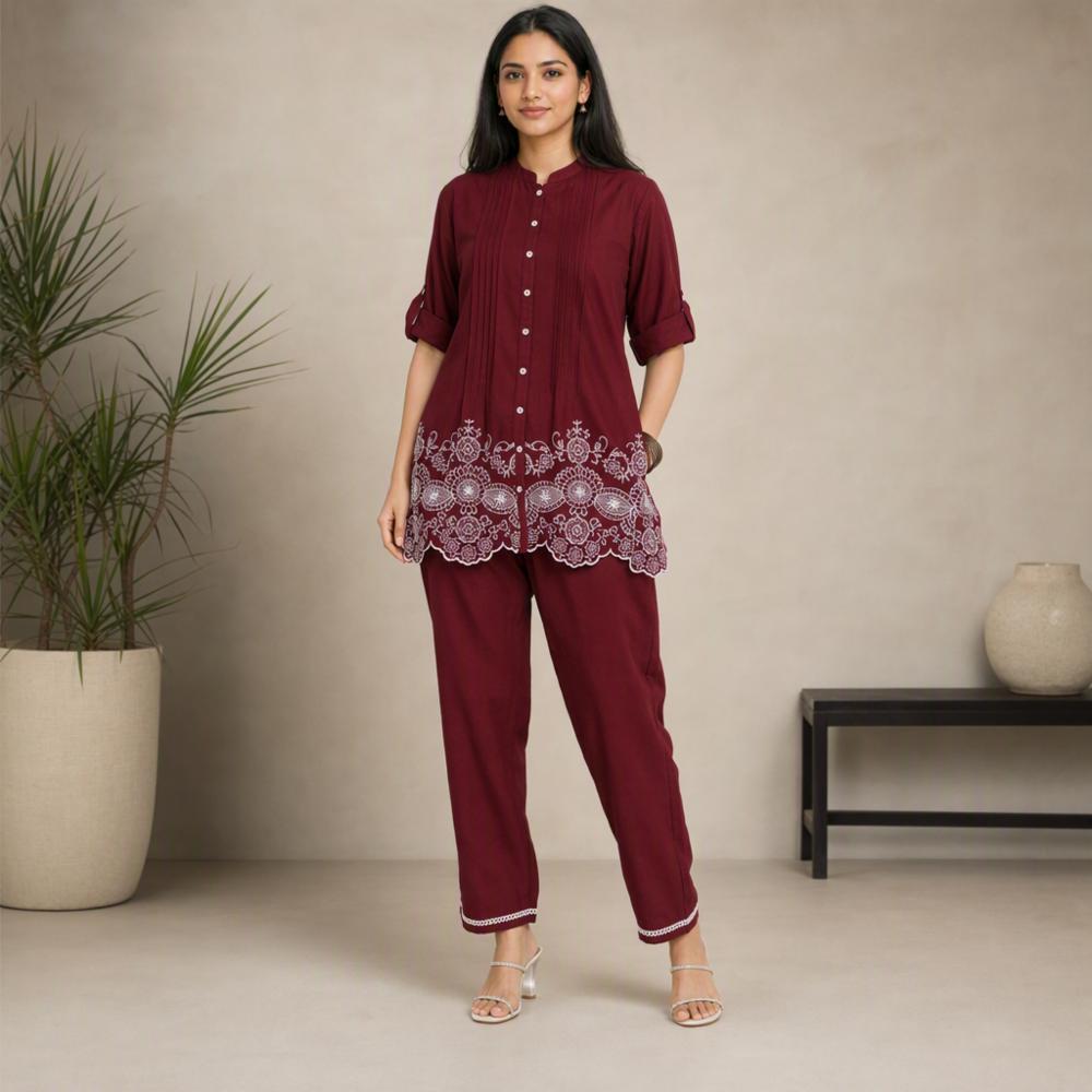 Cotton Embroidered Kurti and Pant Co-Ord Set with Pocket
