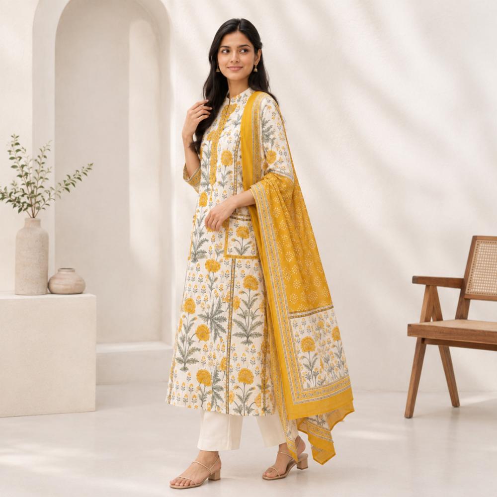 Mustard Floral Printed Cotton Kurta Set with Dupatta