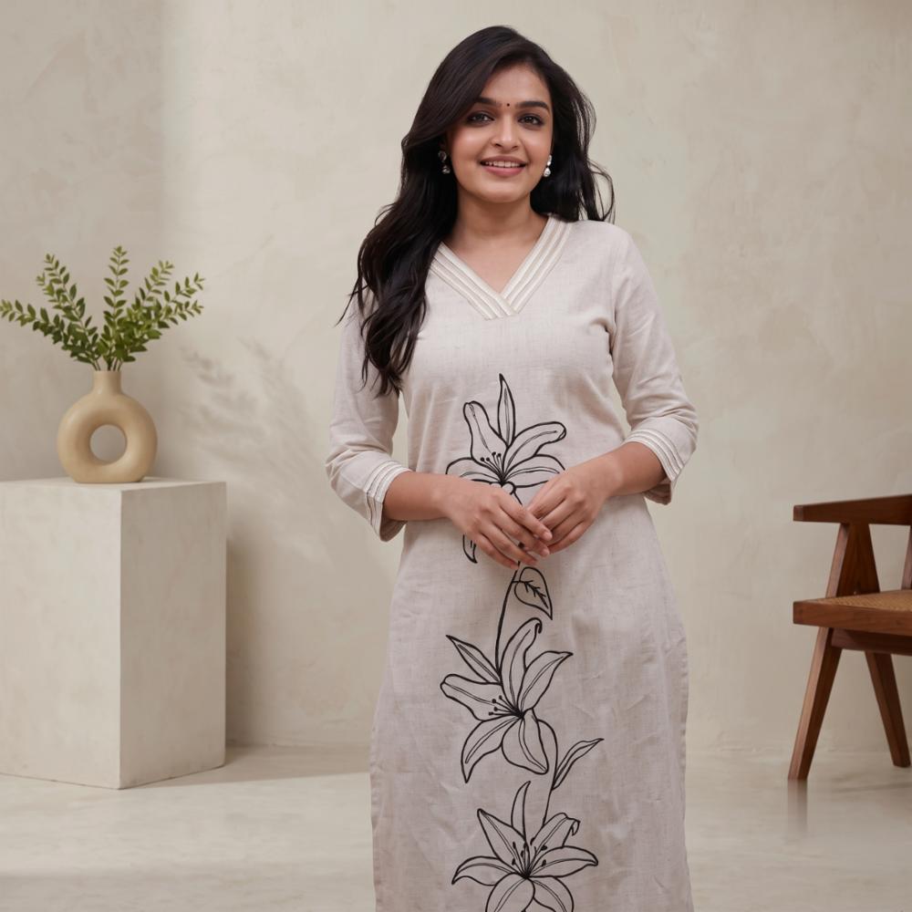 Cotton Slub Embroidered Kurta Pant Cord Set