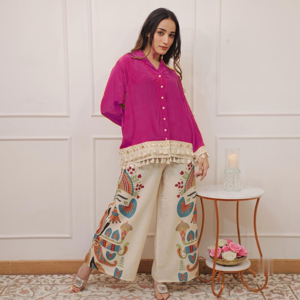 Cotton Cord Set with Lace Work and Printed Palazzo