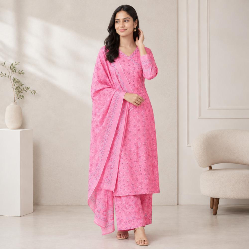 Coral Pink Cotton Kurta Set with Dupatta