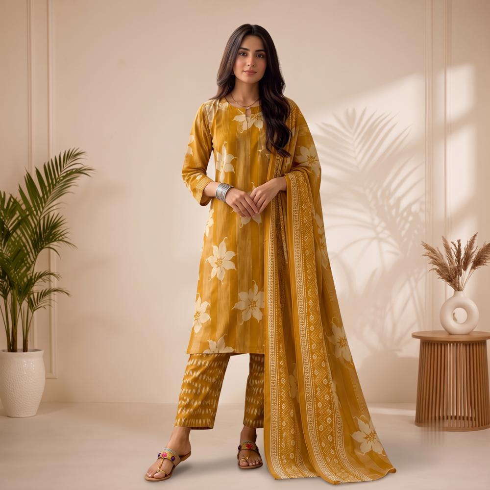 Cotton Chiku Dyed Printed Straight Suit Set with Floral Print