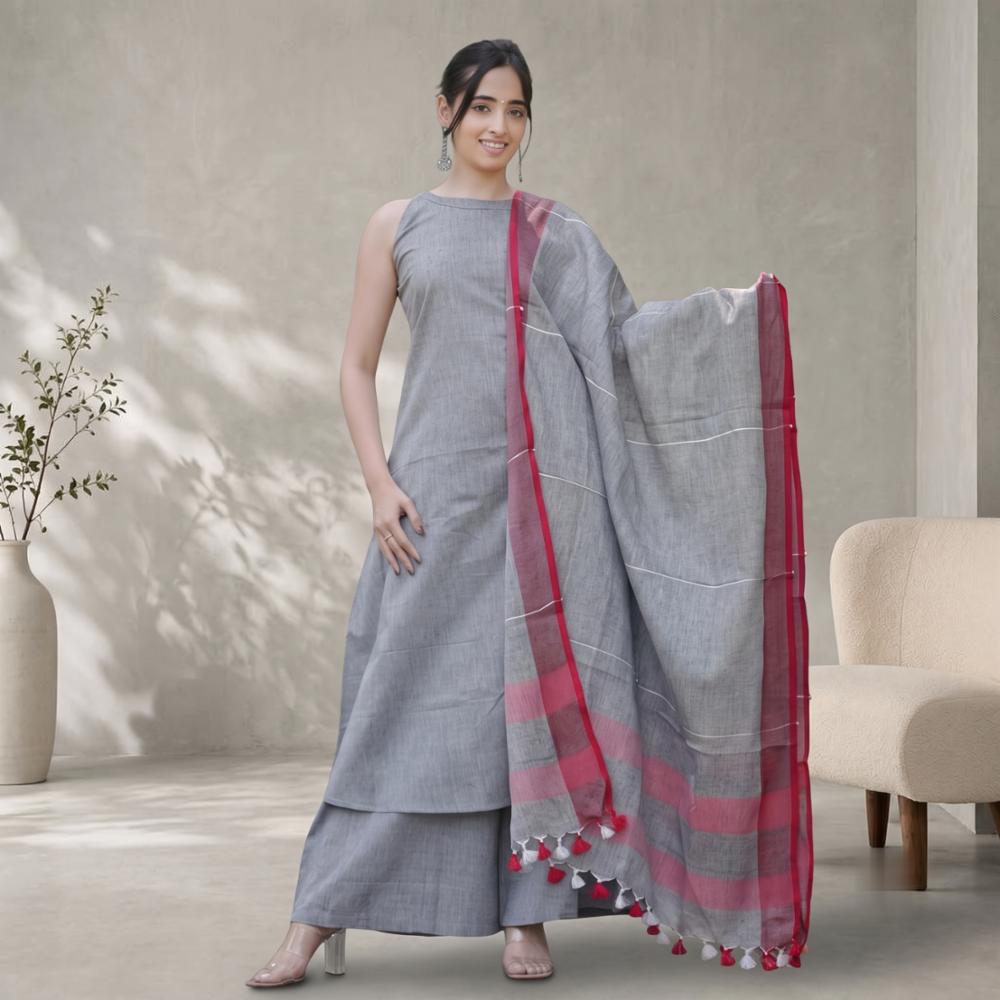 Handloom A-Line Kurti Set with Palazzo Pants and Linen Dupatta