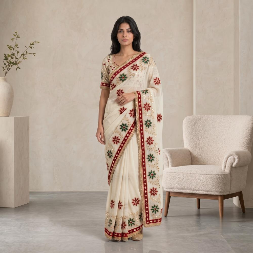 Georgette Saree with Multicolor Floral Embroidery and Designer Blouse