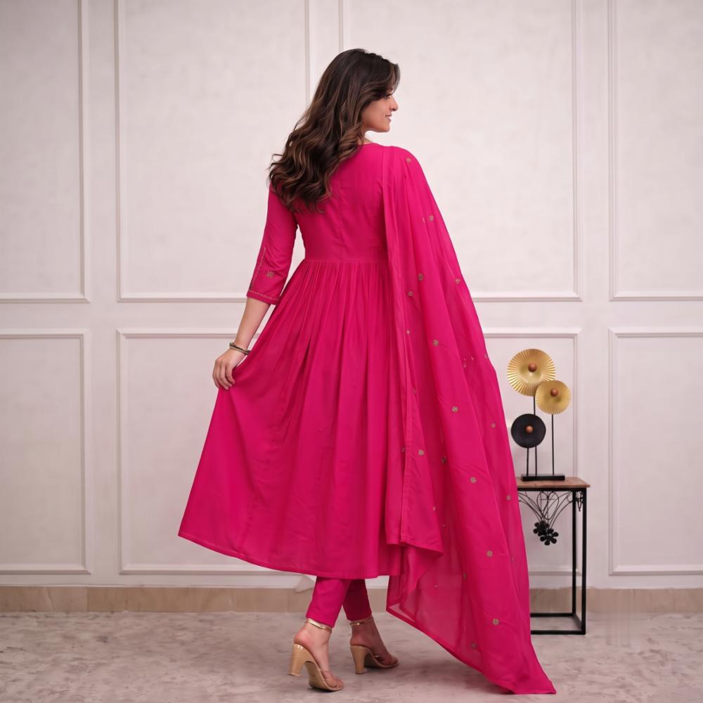Cotton Embroidered Kurta Set with Pant and Cotton Malmal Dupatta