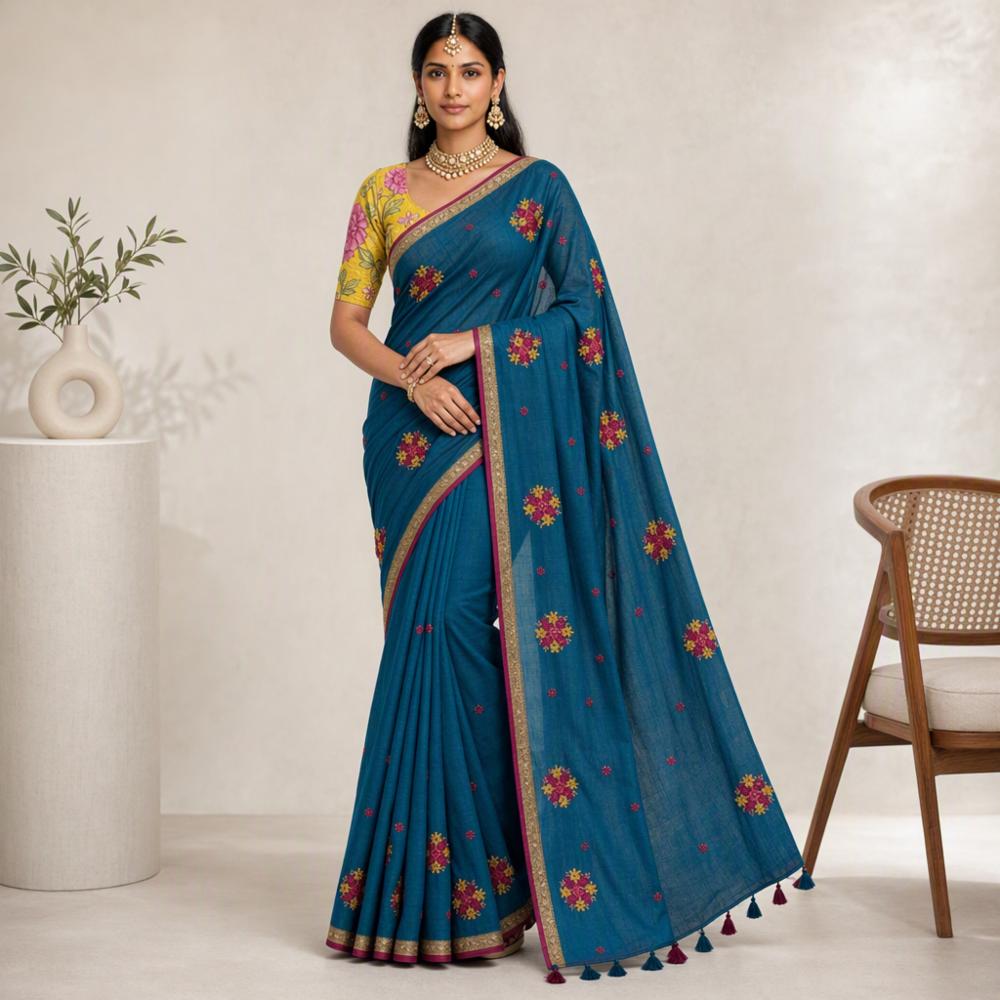 Mul Cotton Saree with Multi-Weaving Border & Resham Work