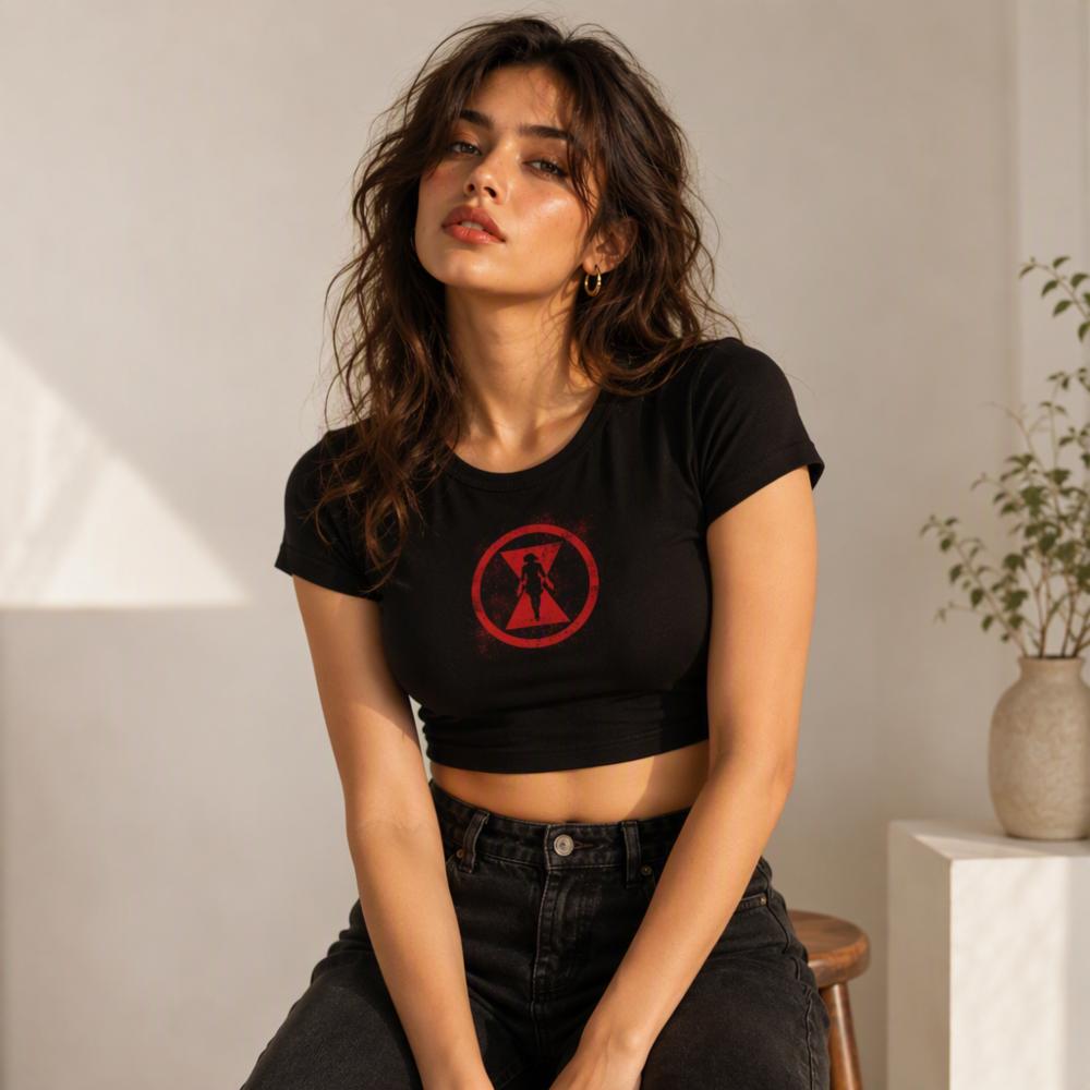 Womenâs Black Widow Graphic Print Black Crop Top, Cotton Lycra