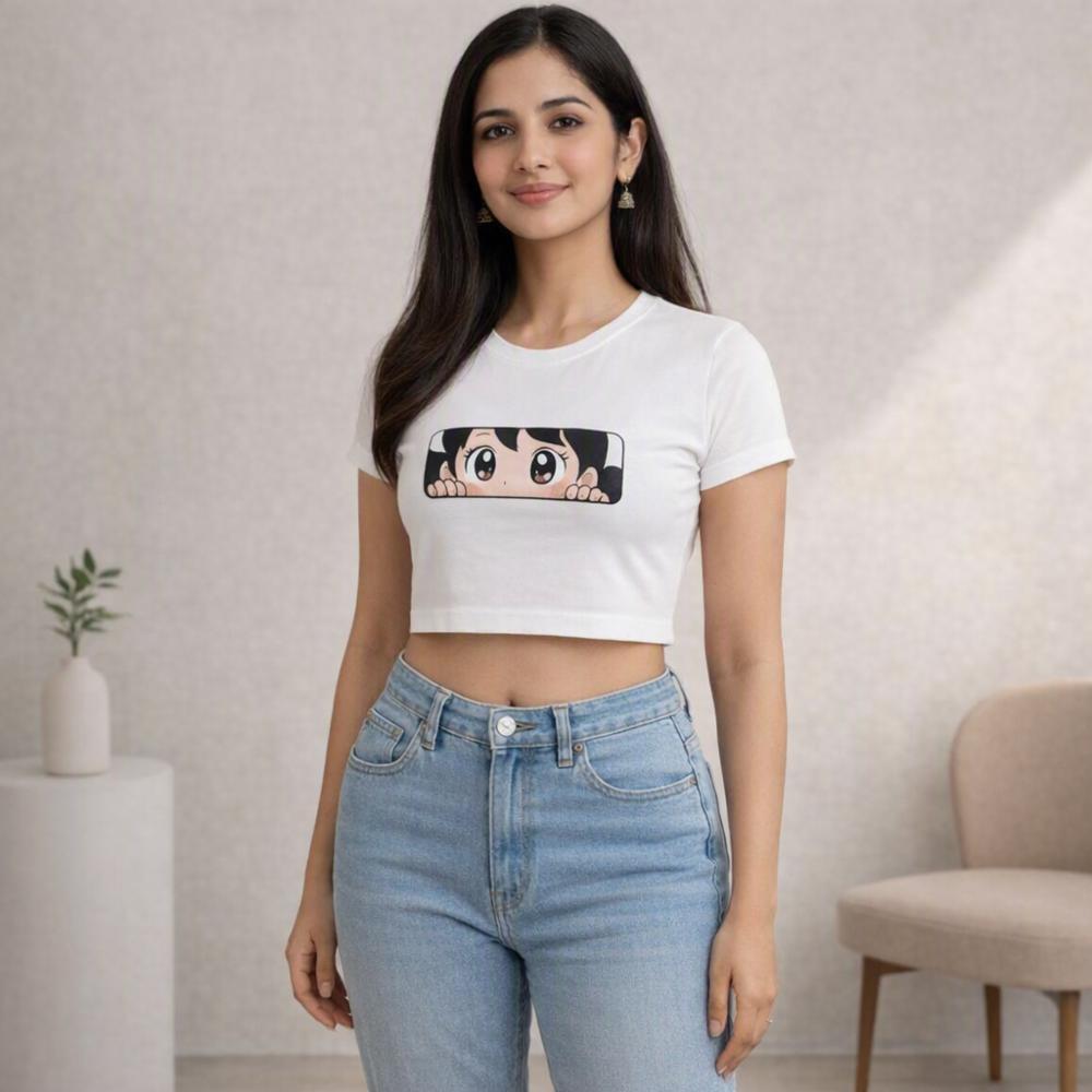 White Cotton Lycra Graphic Print Crop Top for Women
