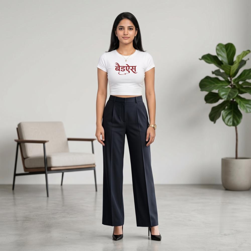 White Cotton Lycra BADASS Printed Fitted Crop Top for Women