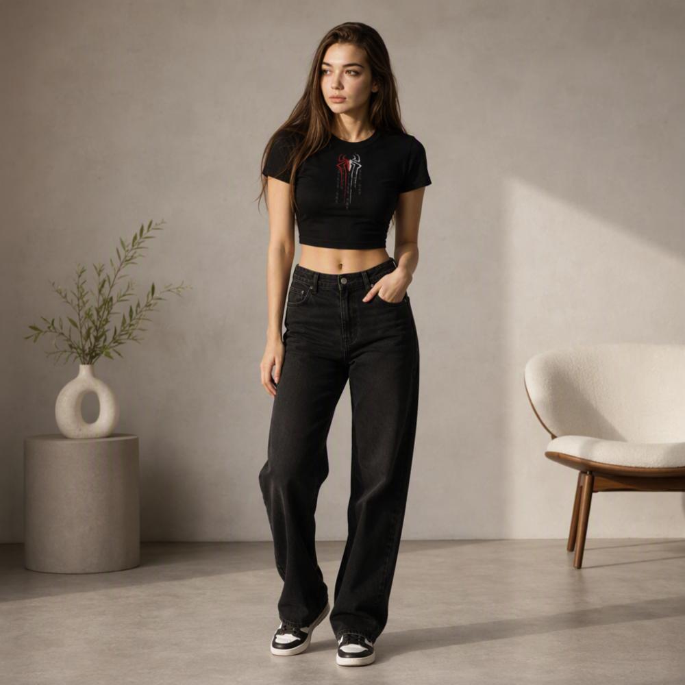 Black Cotton Lycra Spiderman Graphic Print Crop Top for Women