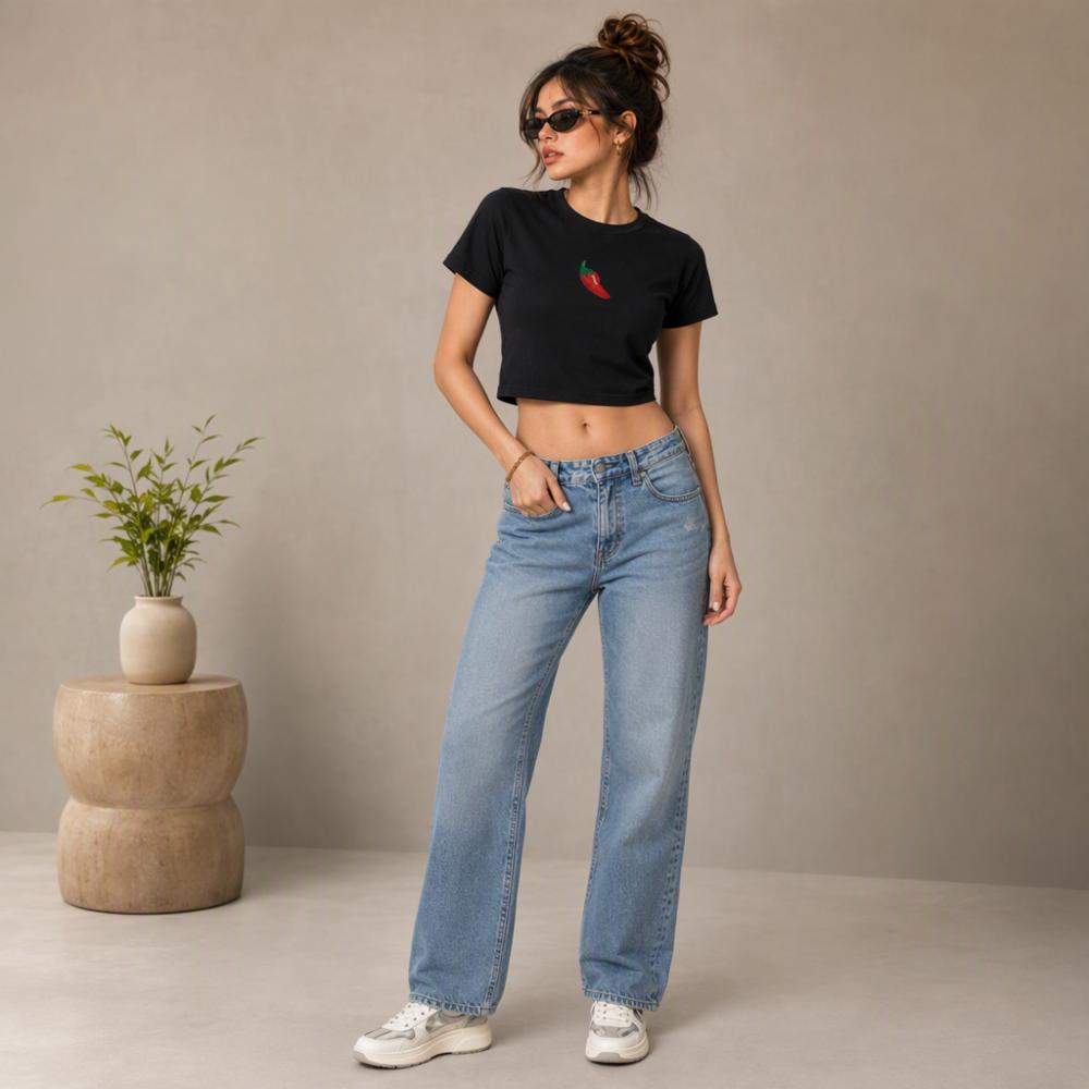 Women's Black Cotton Lycra Chili Graphic Crop Top