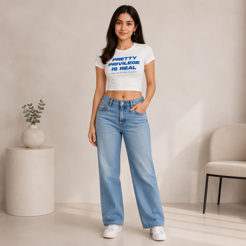 White Cotton Lycra 'Pretty Privilege Is Real' Print Crop Top for Women