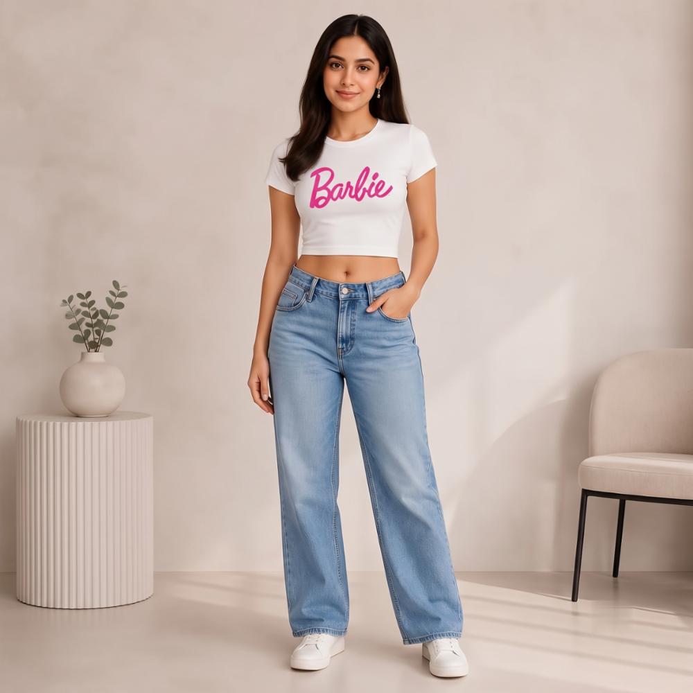 White Cotton Lycra Barbie Print Crop Top for Women
