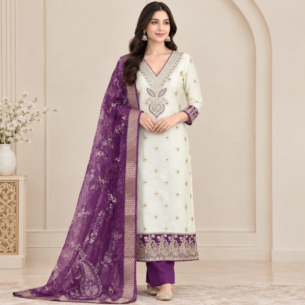 Banarsi Jacquard Unstitched Suit With Silk Floral Print Dupatta