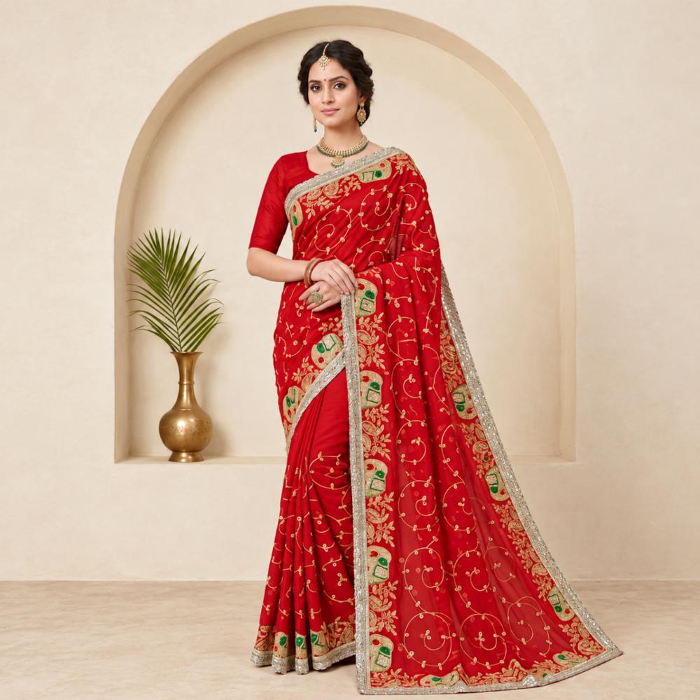 Embroidered Georgette Fabric Saree with Heavy Golden Border  (No Blouse)