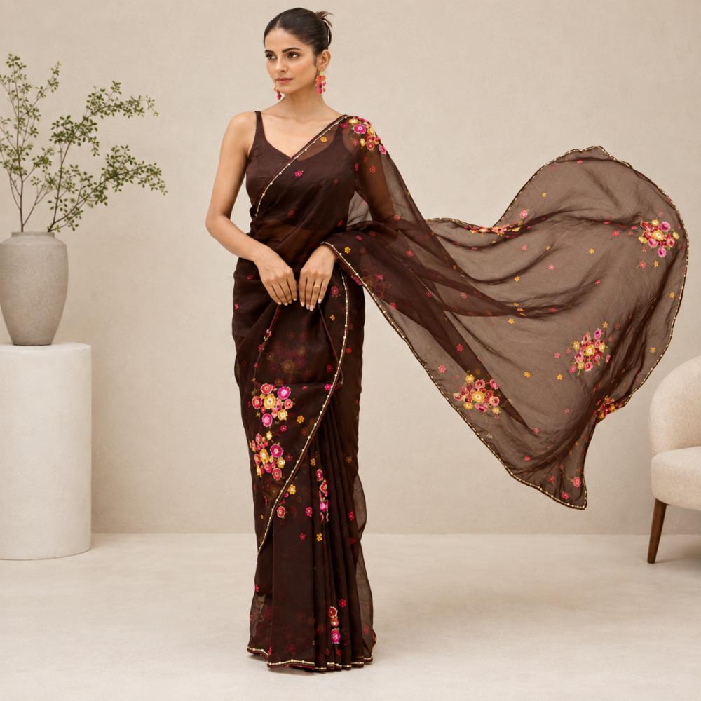 Soft Tebby Silk Saree with Digital Floral Print and Handwork Blouse