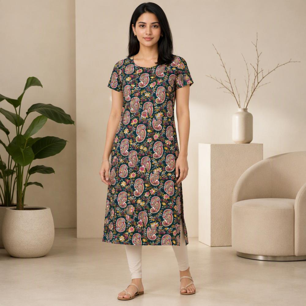 Red Paisley Floral Printed Straight Kurti