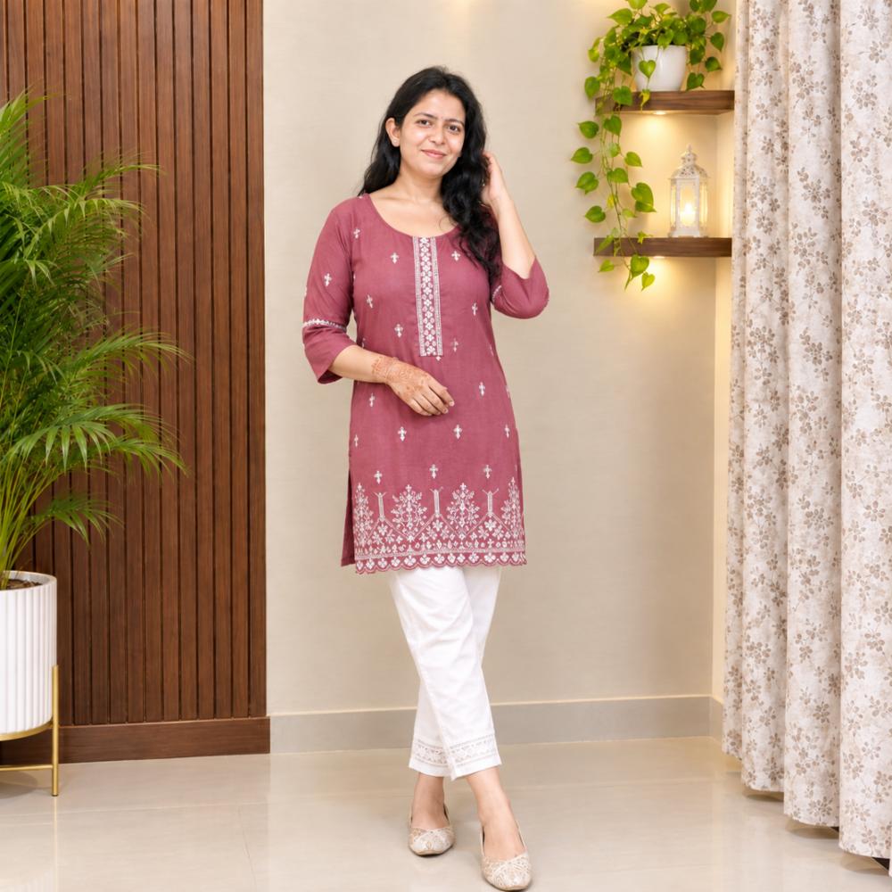 Women's Embroidered Short Kurti, Round Neck