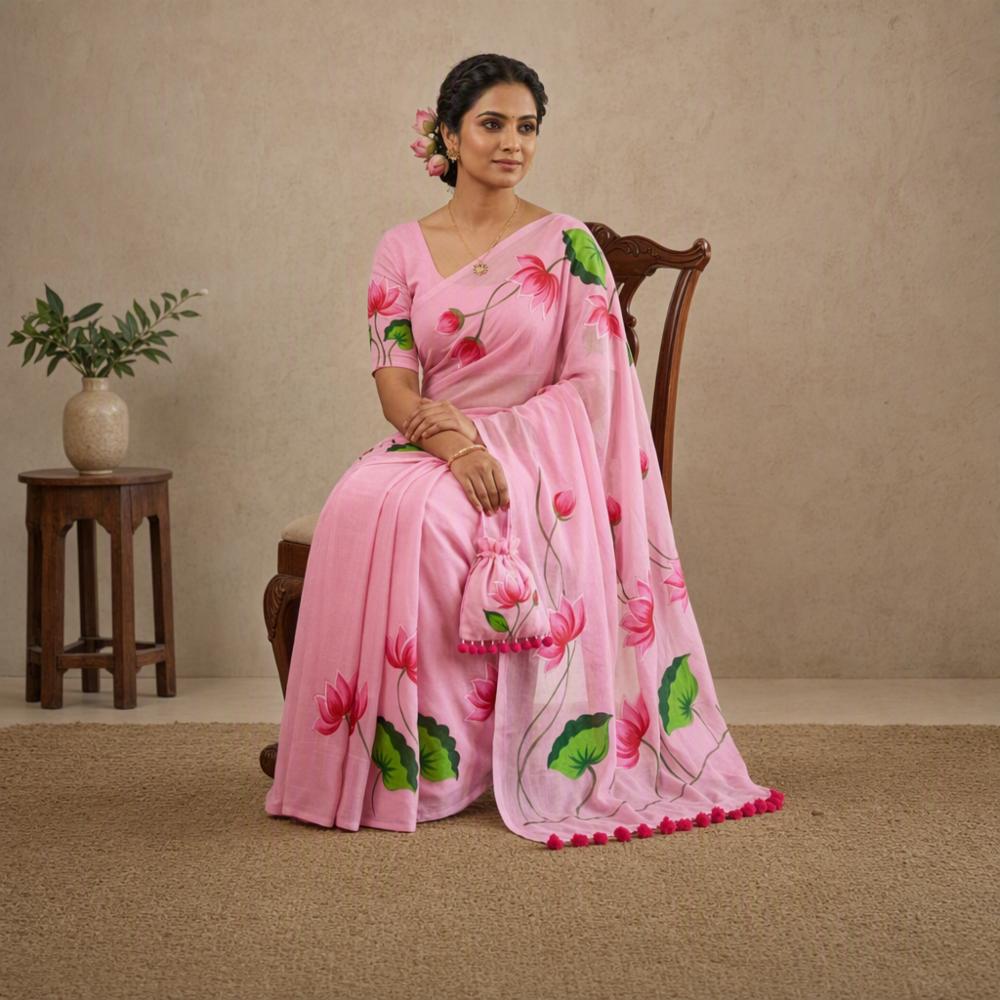 Lotus Hand-Print Mulmul Cotton Saree