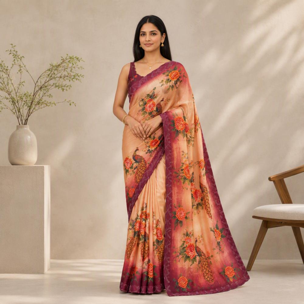 Soft Fandy Satin Peacock Digital Print Saree with Siroski Work and Printed Blouse