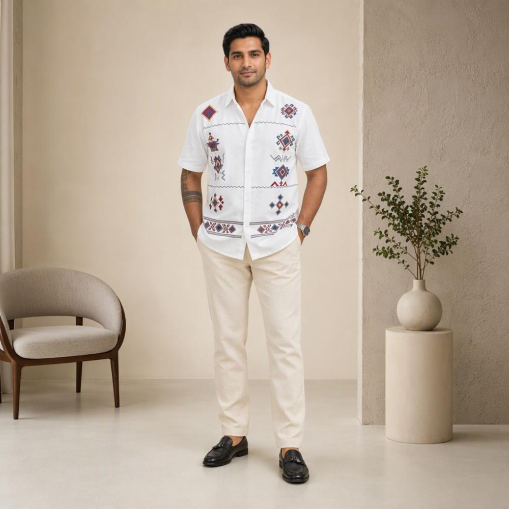 Menâs 60Ã30 Cotton Geometric Applique Shirt & Bottom Set
