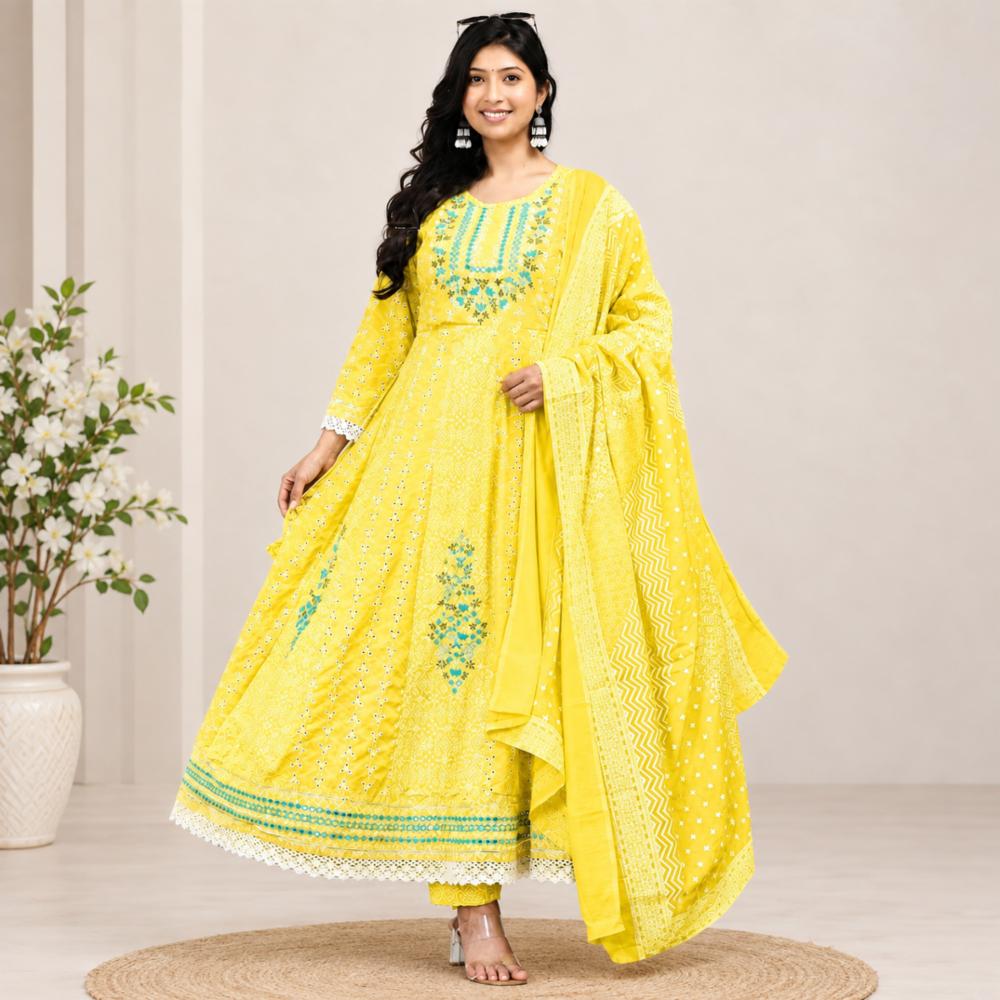 Womenâs Yellow Printed Anarkali Kurta Set with Pants and Dupatta
