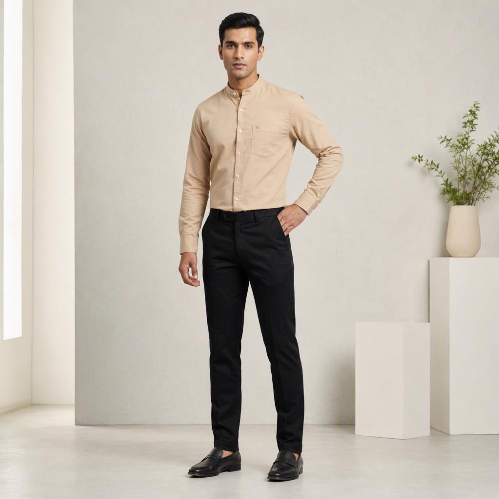 Cotton Shirt and Pant Fabric Set Beige and Black
