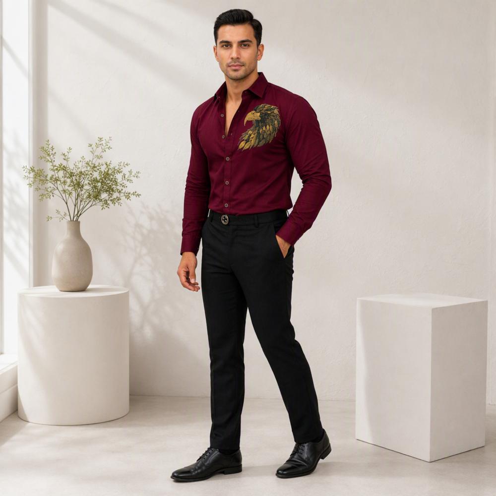 Men's Cotton Shirt and Pant Set with Golden Eagle Embroidery