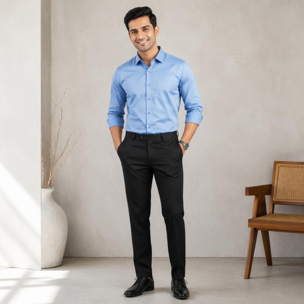 Blue Cotton Shirt Fabric and Black Pant Fabric Set