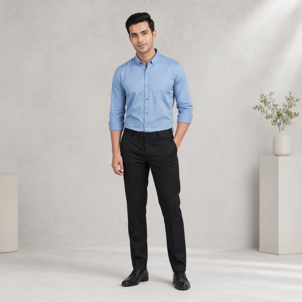 Blue Cotton Shirt Fabric and Black Pant Fabric Set