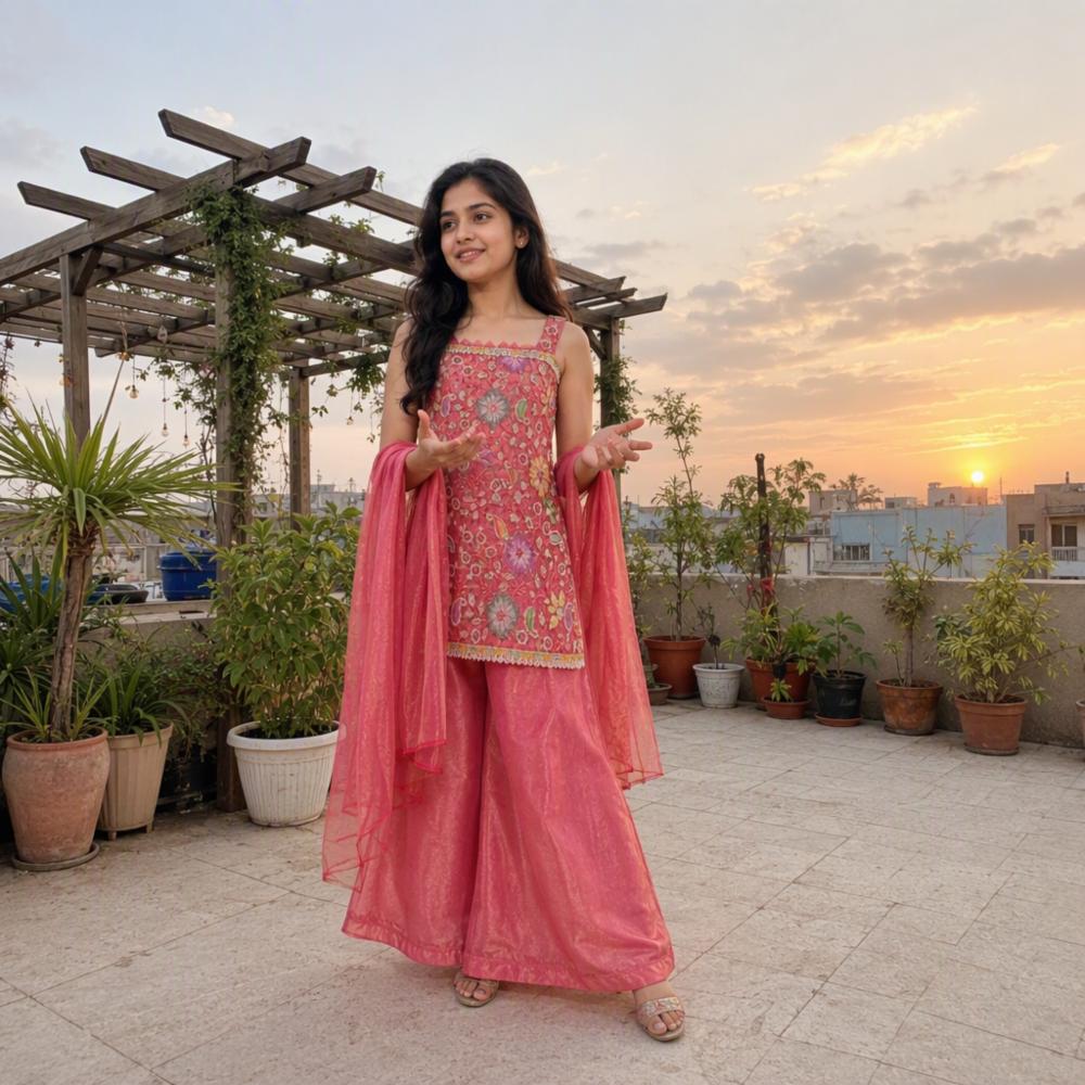 Girlsâ Embroidered Kurti Palazzo Set with Dupatta