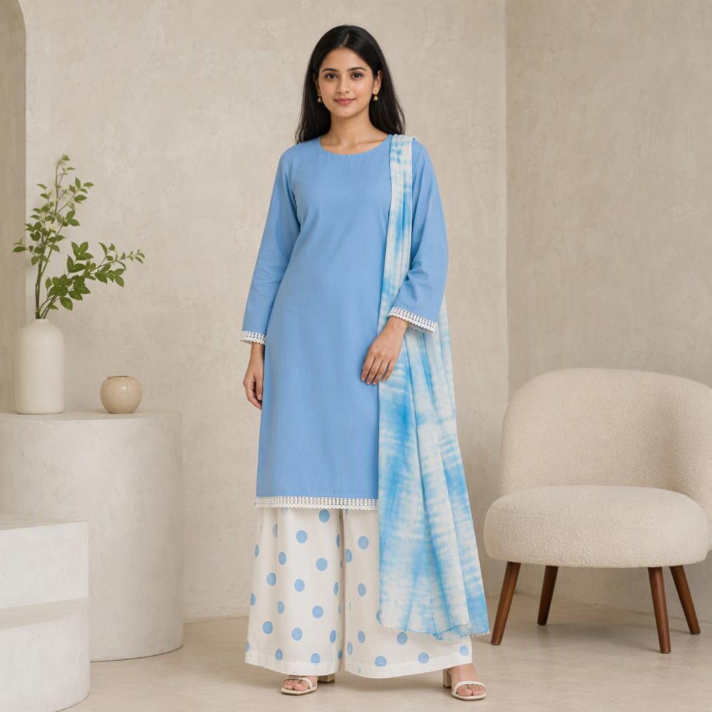 Unstitched Sky Blue & White Polka Dot Palazzo Suit Set with Tie-Dye Dupatta
