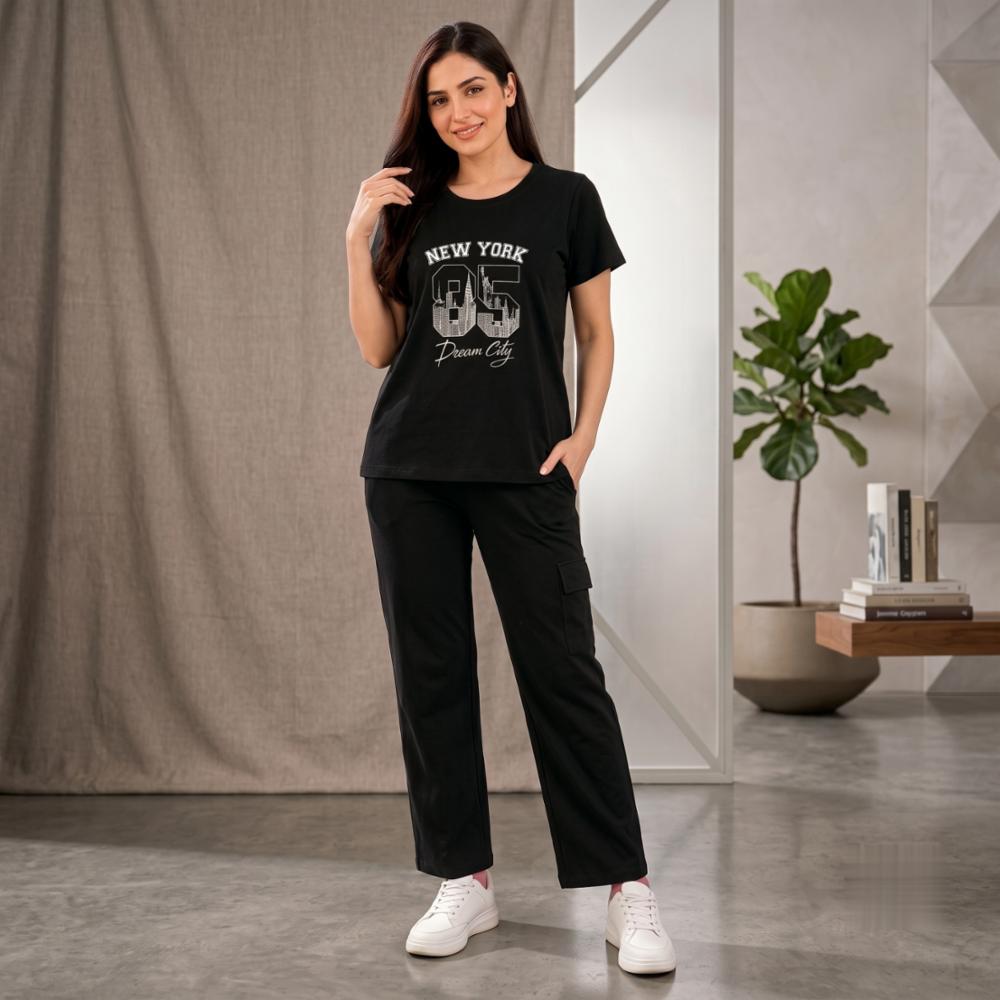 Black Pure Hosiery Cotton Top & Palazzo Co-Ord Set for Women