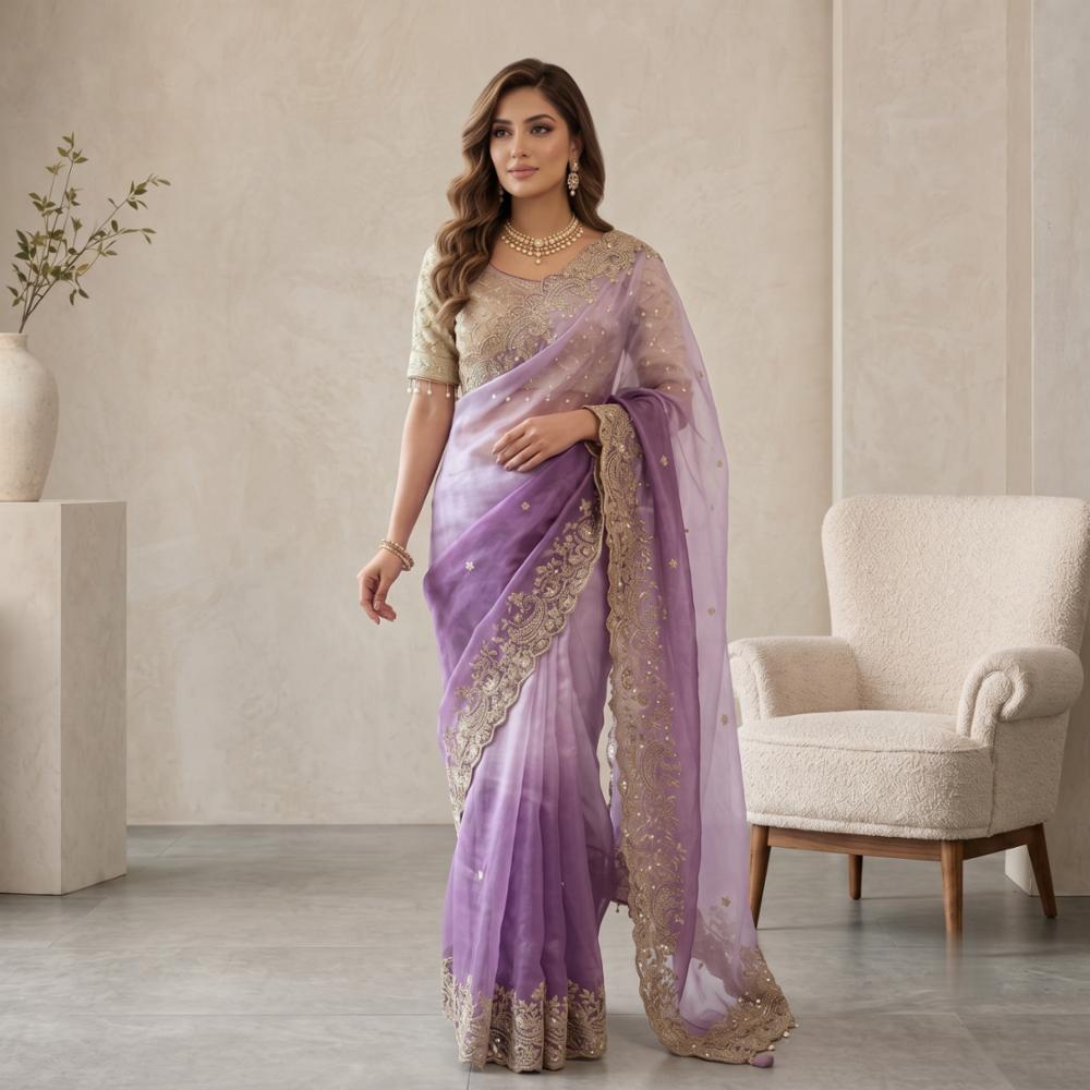 Party Wear Fandy Satin Embroidered Saree with Blouse