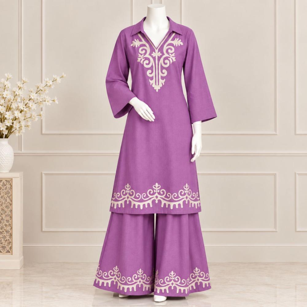 Stitched Rayon Cotton Cord-Set with Embroidered Shirt and Palazzo