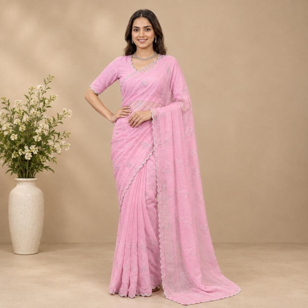 Royal Georgette Saree with Handwork Motifs and Cutwork Border