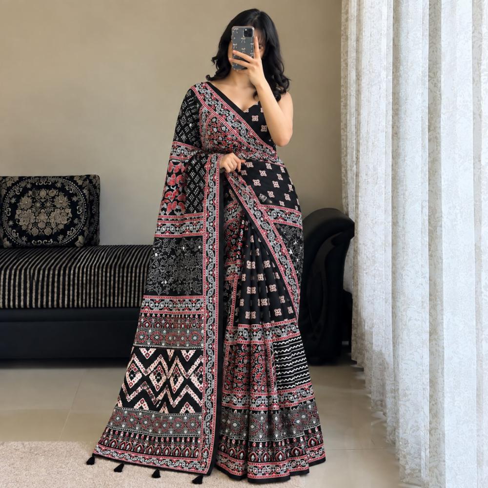 Japan Satin Silk Saree with Heavy Mirror Work