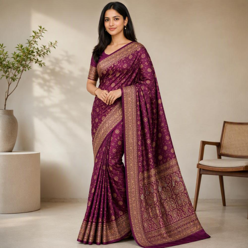 Deep Purple Banarasi Silk Saree with Golden Zari Floral Design and Blouse Piece