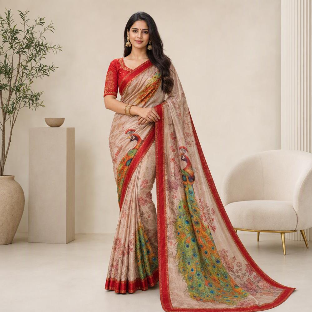 Beige Printed Saree with Red Border and Peacock Floral Design